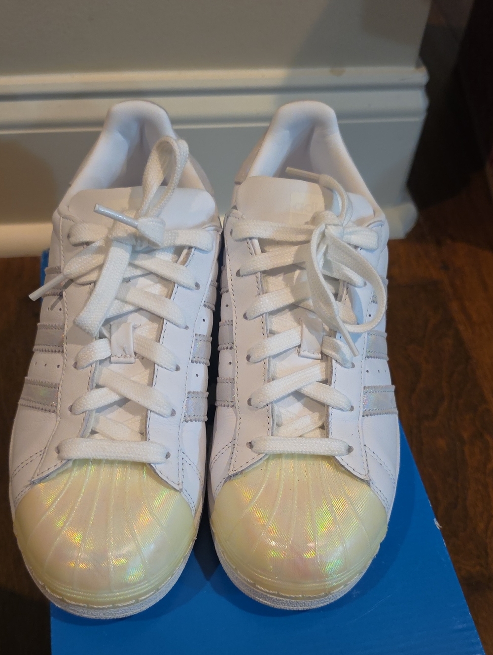Kids Adidas White Shell-Toe Sneakers with Iridescent Toe Caps